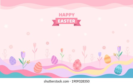 Vector de ilustración del diseño del festival de Pascua con huevos de colores en tulipanes pradera de fondo pastel.