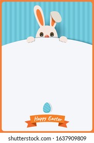 Illustration vector of Easter poster holiday design with cute rabbit and blank white space on blue background.