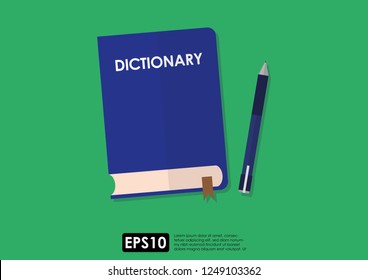 Illustration vector of education concept. A blue dictionary with bookmark and a pen on the side isolated over green background. 