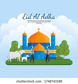 illustration vector of eid al-adha with blue an orange theme