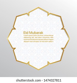 Illustration Vector: Eid Mubarak with glowing golden frame Mosque and moroccan pattern for background.
