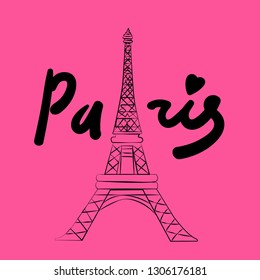 Illustration vector of Eiffel Tower with inscription Paris against bright pink background. Famous landmark. Paris symbol. Decor