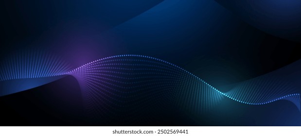 Illustration vector element with abstract wave line, motion pattern and particle dot on dark blue background. Modern futuristic design for background. Digital datum, high tech, technology concept
