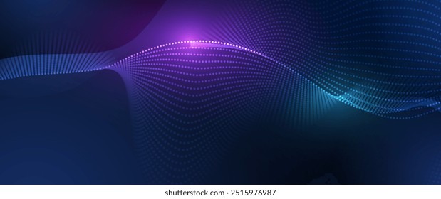 Illustration vector element with abstract wave line, motion pattern and particle dot on dark blue background. Modern futuristic design for background. Digital datum, high tech, technology concept
