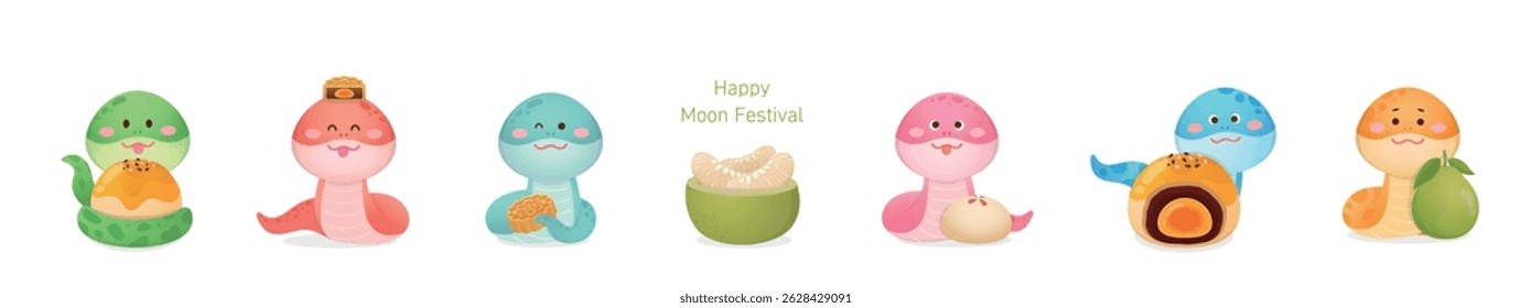 Elementos del Vector de la ilustración para celebrar el festival de mediados de otoño, sistema del carácter del pomelo, torta de la luna y serpiente juguetona