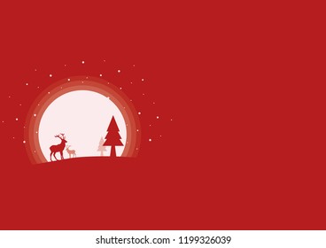 Illustration vector of elk and pine tree on the hill over bright full moon with stars or snowflakes isolated on red background with space for text advertising.