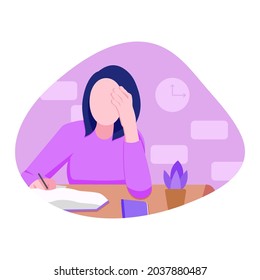 Illustration vector of an employee who is dizzy because the work is still a lot of piling up. flat design illustration