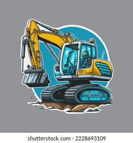 Illustration Vector of end loader vehicle. excavator bulldozer quarry machine. stone wheel yellow digger. backhoe front loader truck. work tractor 