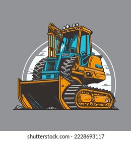 Illustration Vector of end loader vehicle. excavator bulldozer quarry machine. stone wheel yellow digger. backhoe front loader truck. work tractor 