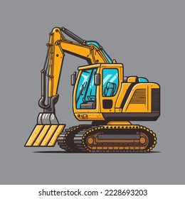 Illustration Vector of end loader vehicle. bulldozer quarry machine. stone wheel yellow digger. backhoe front loader truck. work tractor excavator. vector illustration.