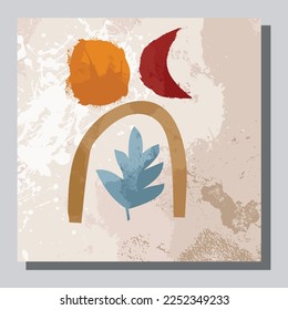 Illustration vector EPS 10 print.Hand drawn boho plants, shapes,scandinvian, figure, palm leaves and nature view. Modern floral vector illustration, poster, wall art poster, fashion.