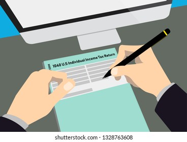 Illustration Vector EPS10:  Hand holding pen fill TAX 1040 form