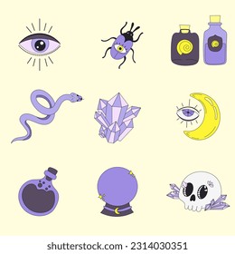 Illustration Vector Esoteric Snake Potion Moon Magic Ball Stones Set Print Icons Beetle Purple Yellow