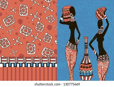 Illustration vector ethnic ornament set. Silhouette  ethnic women.Beautiful black woman
