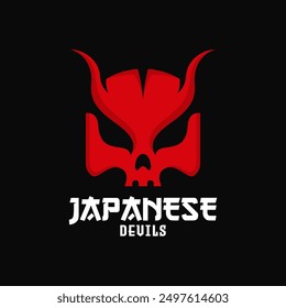 Ilustración Vector Cara Cabeza de la máscara tradicional japonesa del demonio rojo del diablo del demonio Oni logo aislado fondo negro