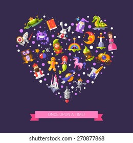 Illustration of vector fairy tales flat design magic icons and elements postcard