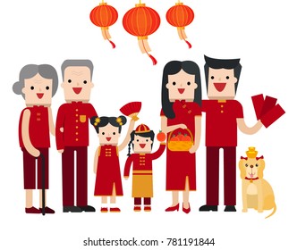 illustration vector family of Chinese people character on happy Chinese new year of dog zodiac card white background. 
boy ,man,woman, girl, orange, hamper, ingot gold,tradition fan,red envelope.