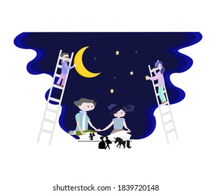  Illustration vector family parenting concept. Boy and girl reading Story books. Dad and mom are climbing stairs and decorating their children's imagination.