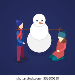 Illustration vector of a Family Playing with Snowman
