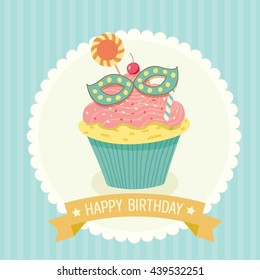 Illustration vector fantasy cupcake on green background with yellow ribbon for party invitation greeting or happy birthday card.