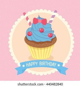 Illustration vector fantasy cupcake on pink background with blue ribbon for party invitation,  greeting and happy birthday card.