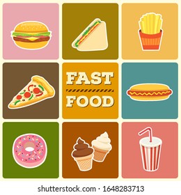Illustration vector of fast food menu with hamburger, hotdogs, sanwich, pizza, french fries, donut, ice cream and soda design with retro style background.