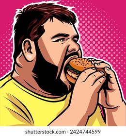 Illustration vector of fat man eating burger in pop art style