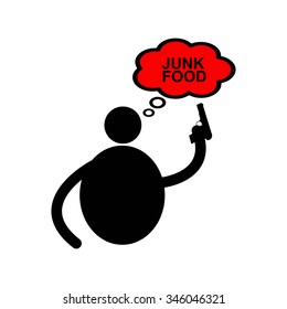 illustration vector fat man icon using gun shooting word JUNK FOOD in thinking balloon, diet concept