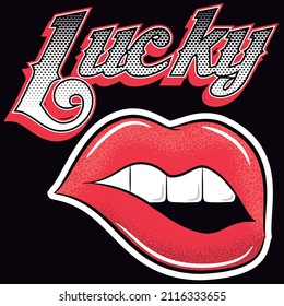 Vector de ilustración labios femeninos con textura y texto Diseño de moda afortunado