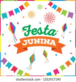 Illustration vector of Festa Junina design with colorful buntings and fireworks for patry.