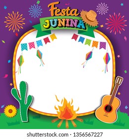 Illustration vector of Festa Junina design with frame decorated by colorful buntings,bonfire and fireworks for patry.