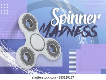 Illustration of Vector Fidget Spinner. Realistic 3D Spinning Fidget Toy on Modern 90s Style Abstract Geometrical Background