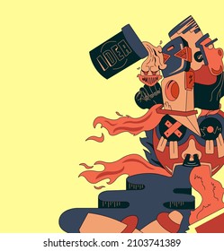 illustration vector of fire,robot,human,glass,street,eyes for printed on T-shirt and Sticker