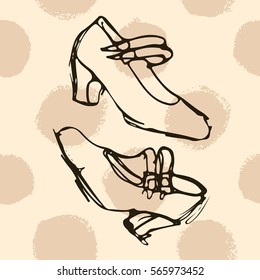 Illustration of vector flamenco dance female shoes on polka dot pattern. Ready to print big background texture with hand drawn watercolor elements for design, emblems, logo, banners, flyers, cards