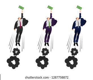 Illustration of  vector flat businessman trying to get a dollar. Being motivated by money. 
