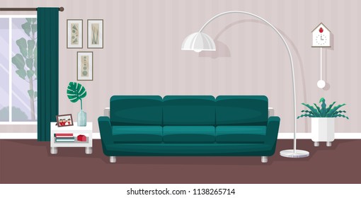 Illustration vector flat cartoon of asian family happy together on sofa with dog at home. Living room with decoration elements.