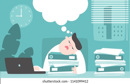Illustration vector flat cartoon of asian businessman working at office on desk in room. Man thinking and tried from a lot of work on paperwork document and using laptop at night