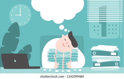 Illustration vector flat cartoon of asian businessman working at office on desk in room. Man sleeping and dreaming on table. Hugging money and thinking about tax refund,reward ,income or investment