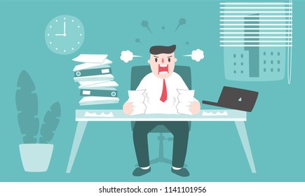 Illustration vector flat cartoon of asian businessman working at office on desk in room. Boss angry and screaming with fail or wrong paperwork. Man breakup on work