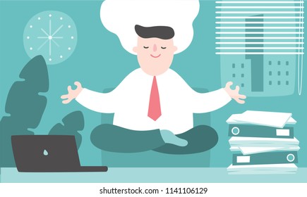 Illustration vector flat cartoon of asian businessman working at office on desk in room. Man relaxing with meditation for loss stress, mental healthy and mindfulness