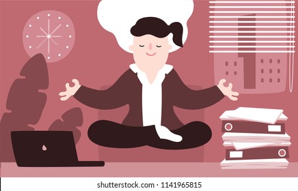 Illustration vector flat cartoon of Asian businesswoman working at office on desk in room. Woman relaxing with meditation for loss stress, mental healthy and mindfulness