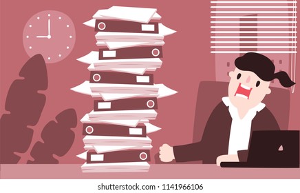 Illustration vector flat cartoon of Asian businesswoman working at office on desk in room. Woman screaming and angry because get a lot of work or paperwork from boss on Monday