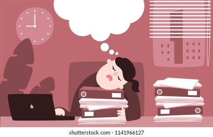 Illustration vector flat cartoon of Asian businesswoman working at office on desk in room. Woman thinking and tried from a lot of work on paperwork document and using laptop at night