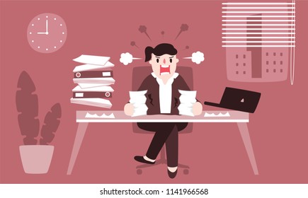 Illustration vector flat cartoon of Asian businesswoman working at office on desk in room. Boss angry and screaming with fail or wrong paperwork. Woman breakup on work