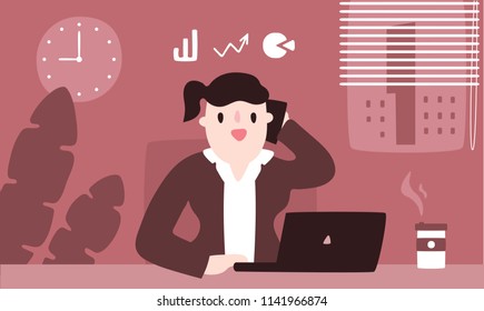 Illustration vector flat cartoon of Asian businesswoman working at office on desk in room. Woman talking on phone with customer for service or consulting about  finance,investment by using computer