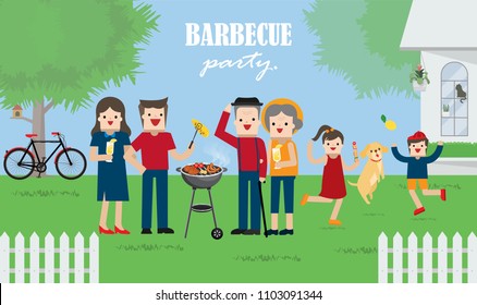 Illustration vector flat cartoon background of big happy family old,young,children having fun and eating food together at bbq party at urban home on grass in garden