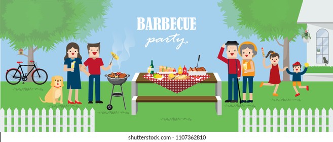 Illustration Vector Flat Cartoon Background Of Big Happy Family Old,young,children Having Fun And Eating Food Together At Bbq Party On Table At Urban Home On Grass In Garden