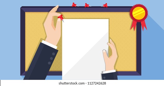 Illustration vector flat cartoon background of blank paper on pin broad with hand on reward document concept