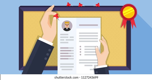 Illustration vector flat cartoon background of resume on pin broad on successful of recruitment concept