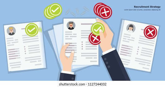 Illustration vector flat cartoon background of discussion of resume of human resource working on desk as recruitment concept
